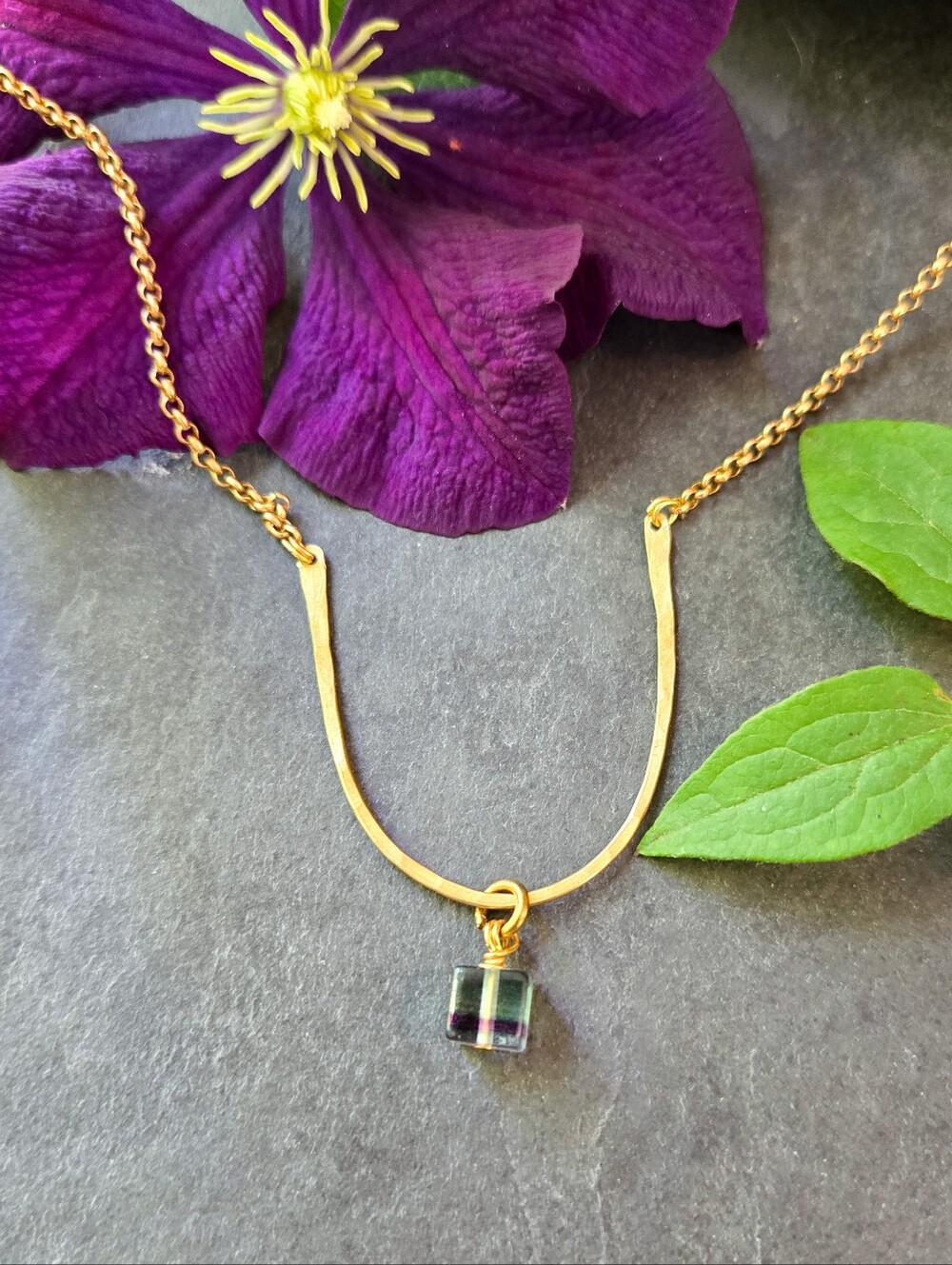 NWT Artisan-Made Rainbow Fluorite and Brass Arc Necklace